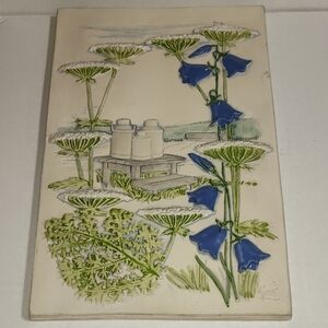Jie Gantofta Swedish ceramic wall plaque Queen Anne's lace and bluebell Flowers